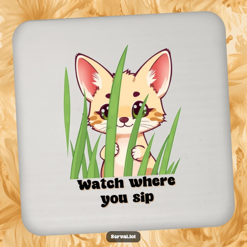 Funny Serval Coasters featuring a cheerful serval peeking wide-eyed from grass, adding a cute and protective element to tables.