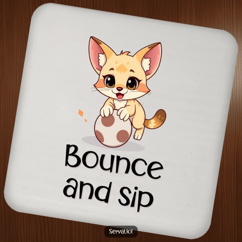 Funny serval coaster with a cat in a comical pounce on a rolling ball, protecting surfaces with playful charm.