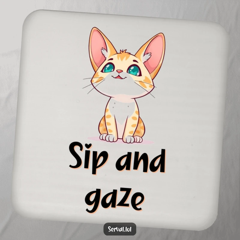 Funny serval cat character drink coaster with a serval cat looking expectantly at the sky, adding a touch of dreamy humor to beverage service.