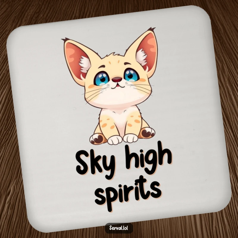 Funny serval coaster featuring a serval looking up at the sky, protecting surfaces with a touch of wonder.