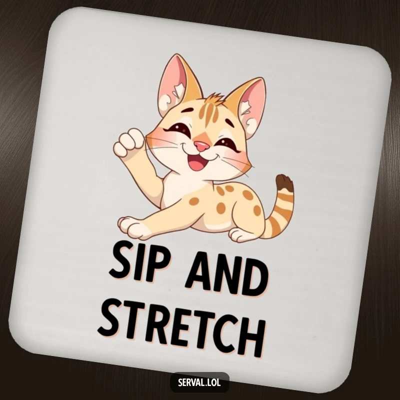 Funny Serval Coaster: An excited serval character stretching with a contented smile, depicted on a calming coaster.