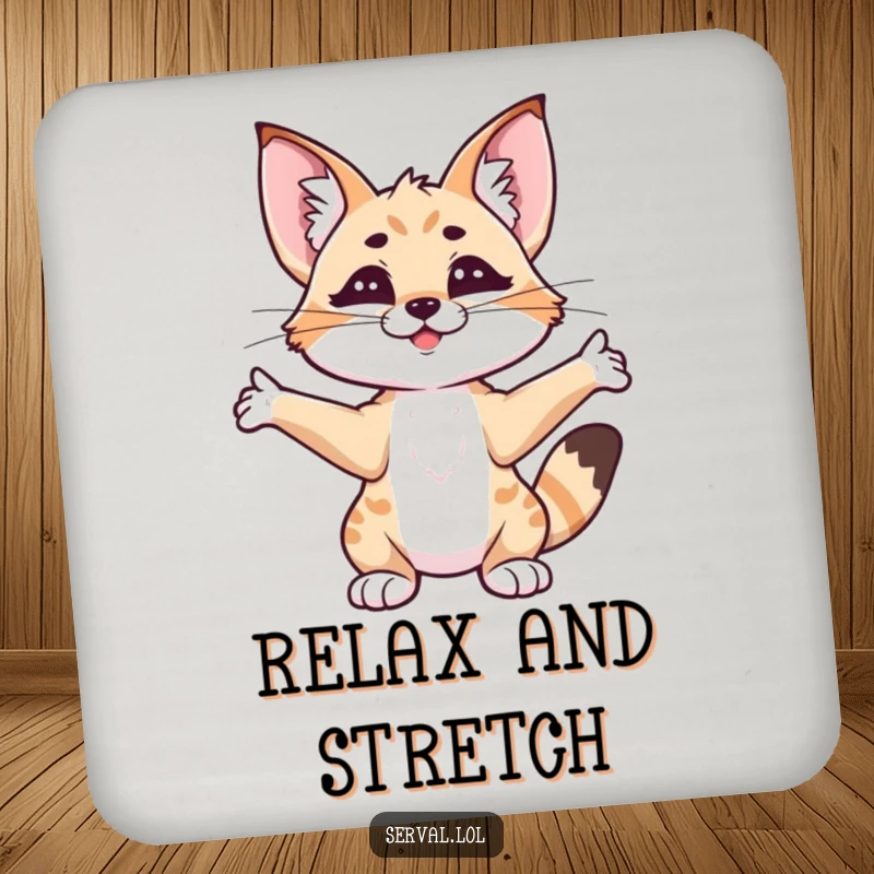 Funny serval stretching drink coaster, a serval cat stretching, protecting surfaces with a smile, a humorous accessory.