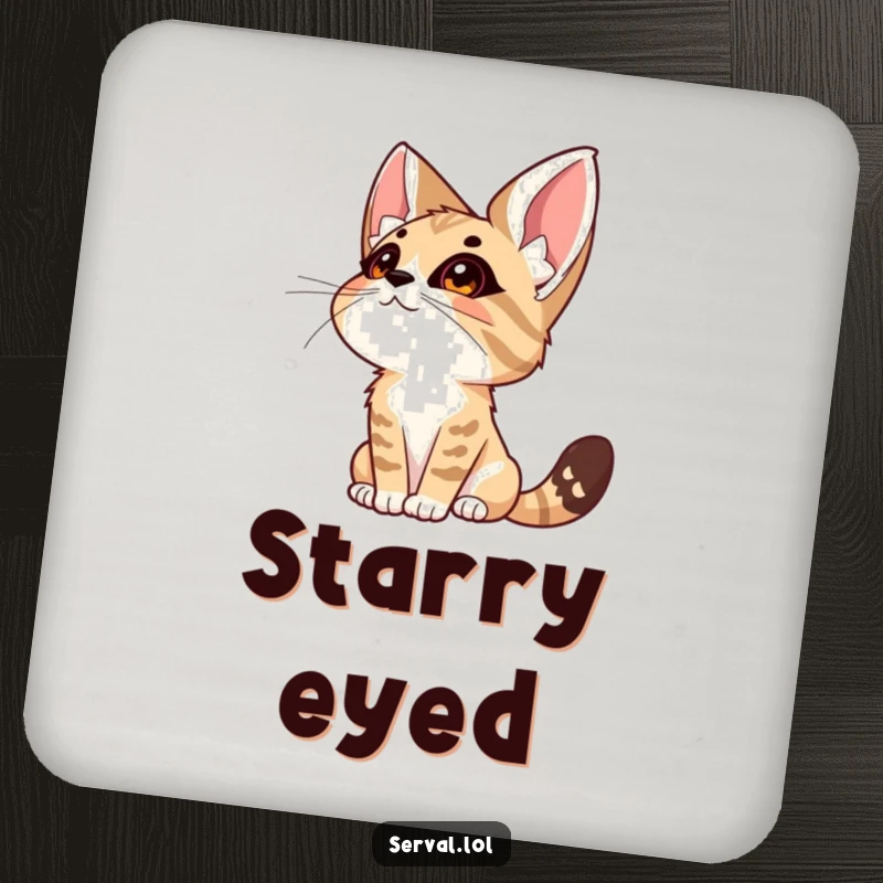 Funny Serval Wonder Coaster. A serval cat looks up at the sky with wonder, protecting surfaces with a touch of serene humor.