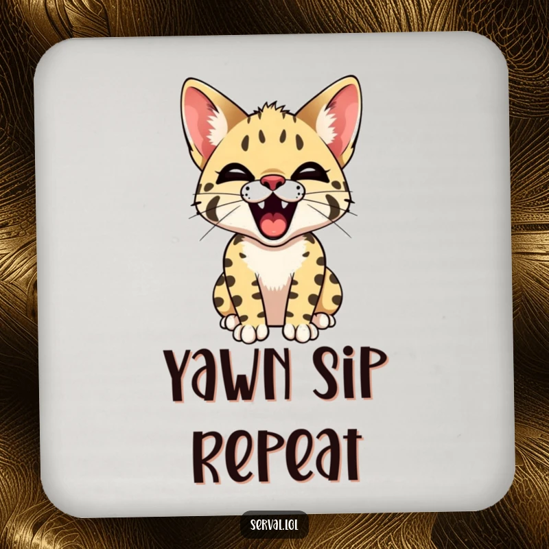 Funny Serval Yawn Coaster. A cute serval cat yawns, showing its tiny teeth, protecting surfaces with a touch of humor.