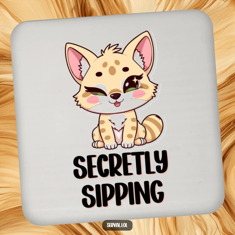 Funny kawaii serval character winking slyly with sparkling eyes, adding a humorous touch to drink coasters. Excellent gift.