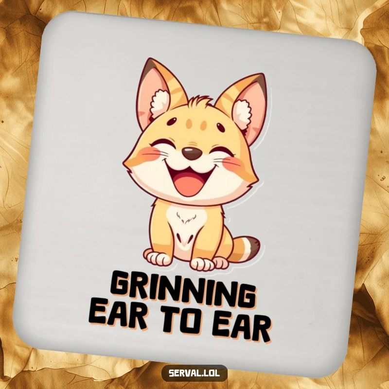 Funny kawaii serval cat with a big grin, cute drink coasters, set of protective table accessories, a funny gift.