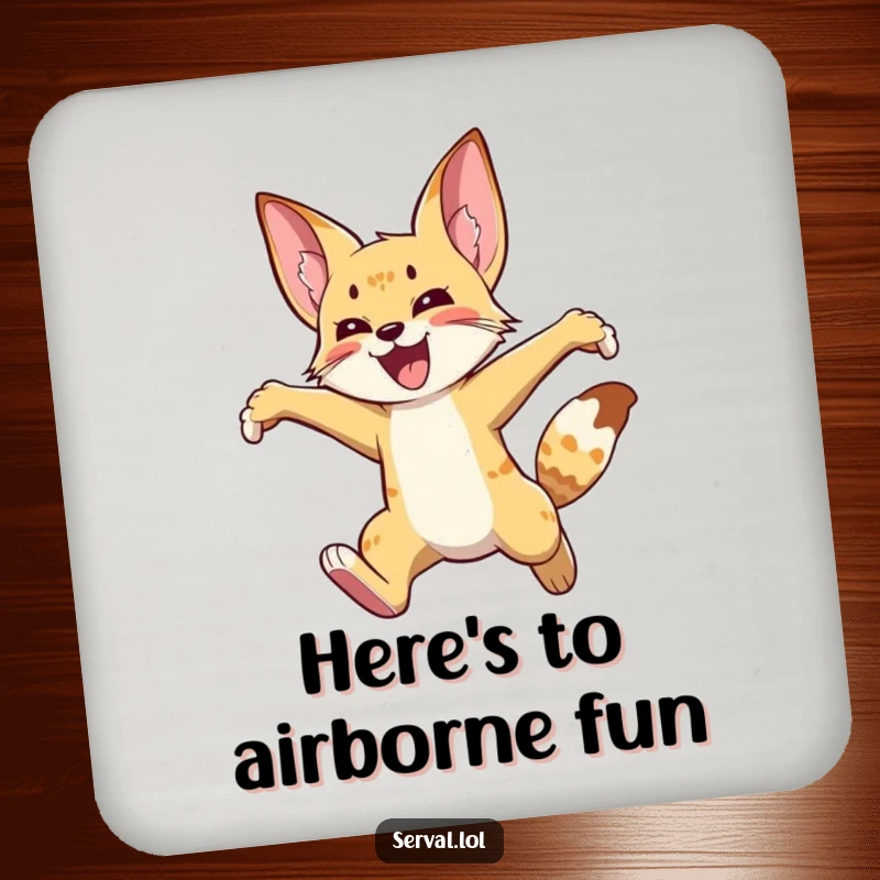 Funny serval coaster depicting a wild cat leaping high in the air with joy, adding a touch of energetic fun to drink protection.