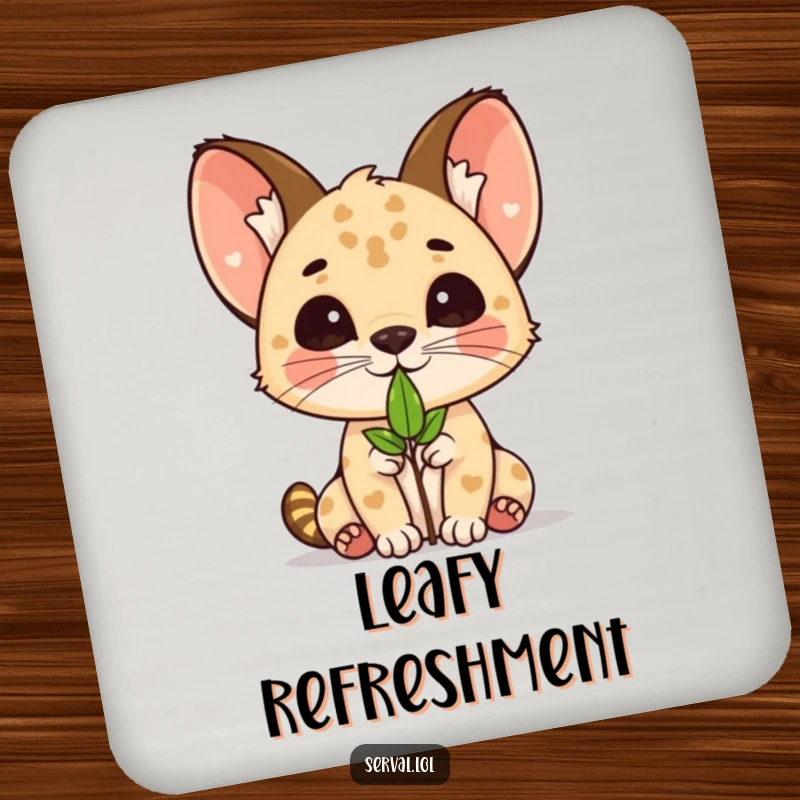 Funny kawaii serval cat balancing a small leaf on its nose, featured on drink coasters.