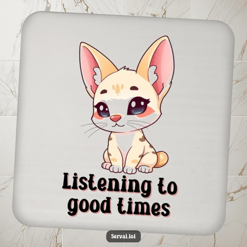 Funny serval coaster, a wild cat with large ears curiously tilting its head, protecting surfaces with charm.