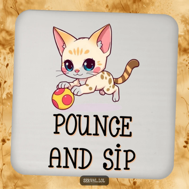 Funny serval cat character drink coaster with an agile serval cat mid-pounce, adding a touch of wild humor to beverage service.