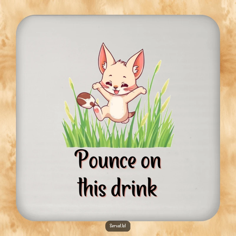 Funny drink coaster showing a serval cat leaping playfully through tall grass, adding wild elegance to any surface.