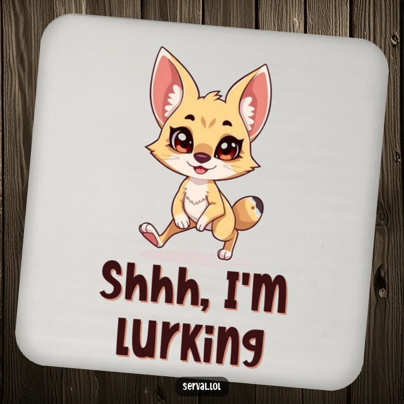 Funny Serval Coaster: A serval character in a stealthy tiptoe pose with a grin, protecting surfaces humorously.