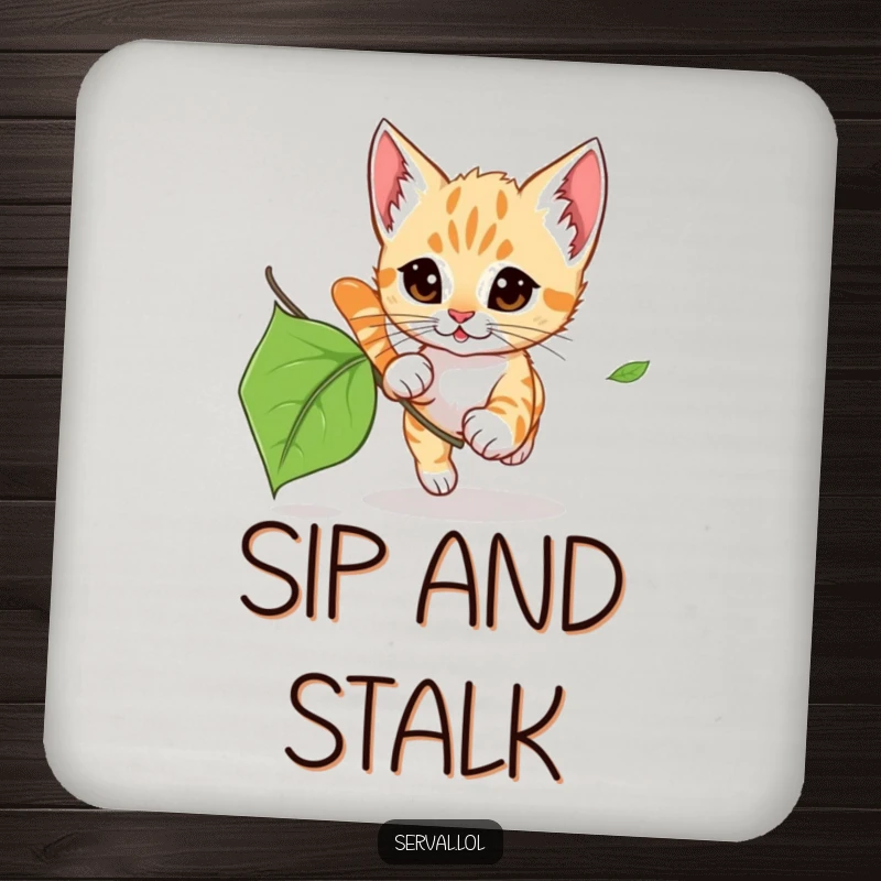 Funny Serval Kitten Leaf Chase Drink Coaster: A coaster with a serval kitten chasing a leaf, protecting surfaces with wild humor.