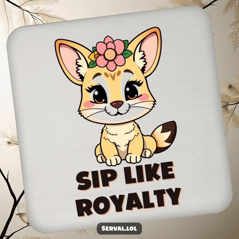 Funny serval coaster with a cheeky serval wearing a flower crown, protecting surfaces with playful elegance.