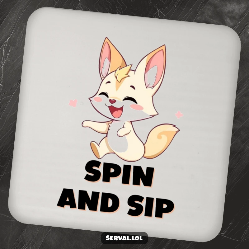 Funny serval coaster with a serval character joyfully twirling, adding a dynamic and cheerful accent.