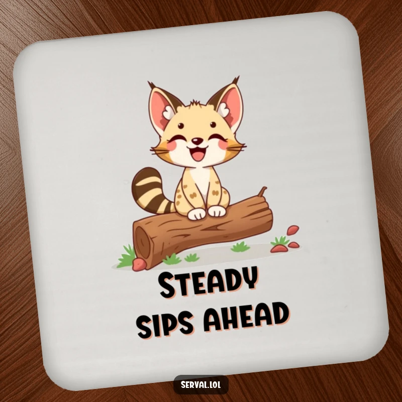 Funny Serval Coasters: A delighted serval balances proudly on a log, offering humorous protection for drinks.