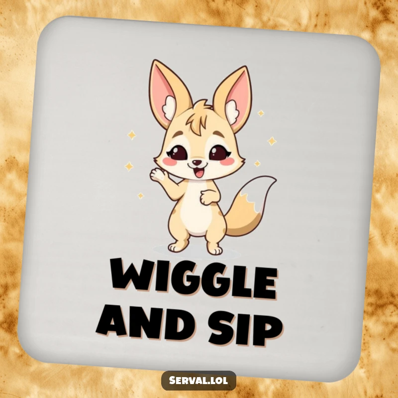 Funny Serval Coaster: A serval doing a happy wiggle dance, protecting surfaces humorously.