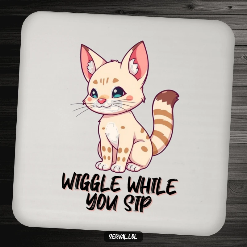 Funny drink coaster featuring a serval doing a silly tail wiggle, adding playful feline humor to surfaces.