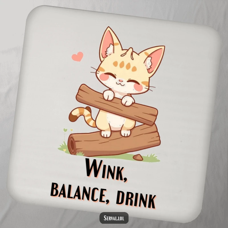 Funny drink coaster depicting a winking serval cat balancing on a log, adding a playful and stylish element.