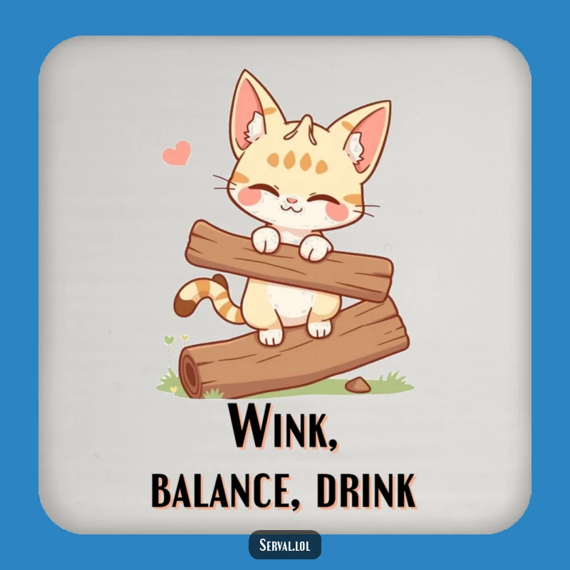 Funny Winking Serval Cat Coaster - Balancing Log Home Decor Gift