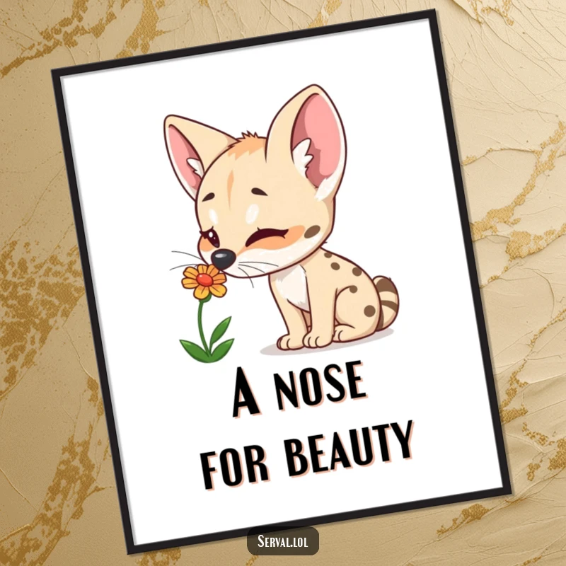Funny Serval Poster: A curious serval delights in sniffing a colorful flower, bringing joy and natural charm to any space.