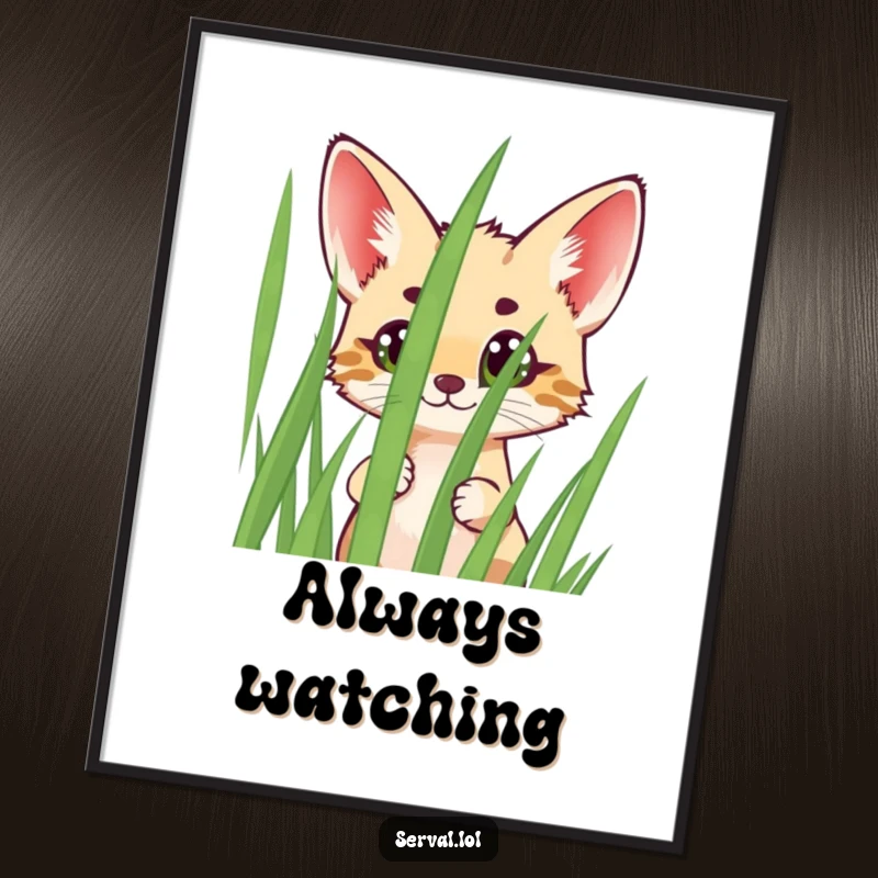 Funny Serval Poster featuring a cheerful serval peeking with wide eyes from behind tall grass, adding a touch of wild charm.