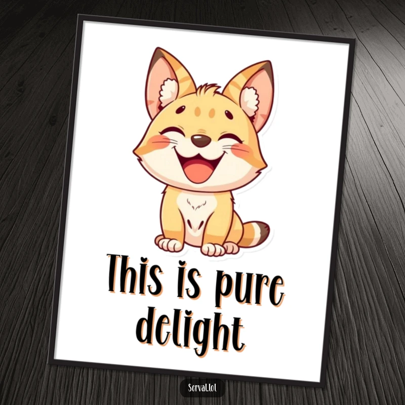 Funny kawaii serval cat showing a wide, delighted grin, cute jungle animal wall art, whimsical illustration, a funny gift.