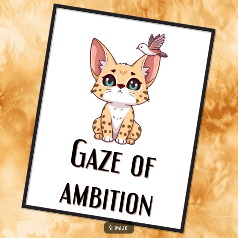 Funny serval poster featuring a serval with large, expressive eyes, intently watching a bird fly overhead, creating a dramatic and humorous scene.