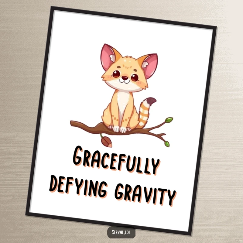 Funny serval poster showing a wild cat balancing on a slender branch, a humorous illustration of nature's acrobatic wonders.