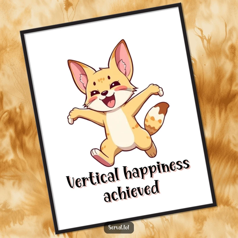 Funny serval poster showing a wild cat leaping high in the air, capturing an unforgettable moment of pure, unbridled joy.