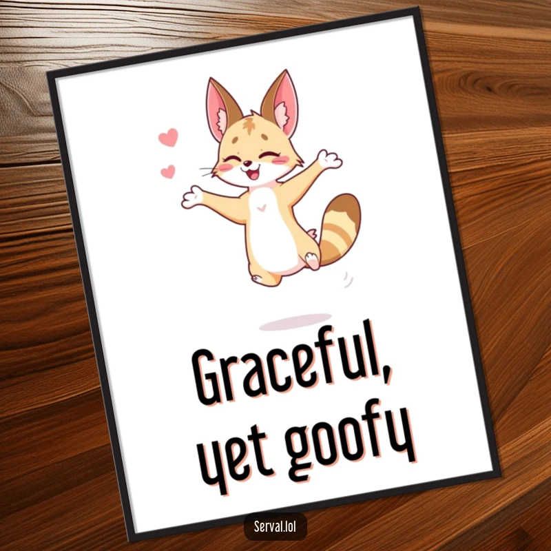 Funny serval poster capturing a serval in a dynamic, graceful jump, bringing wild beauty and humor to any wall.