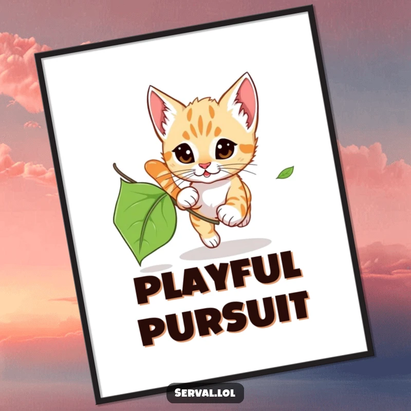 Funny Serval Kitten Leaf Chase Poster: A serval kitten joyfully chasing a fluttering leaf, captured in playful art.