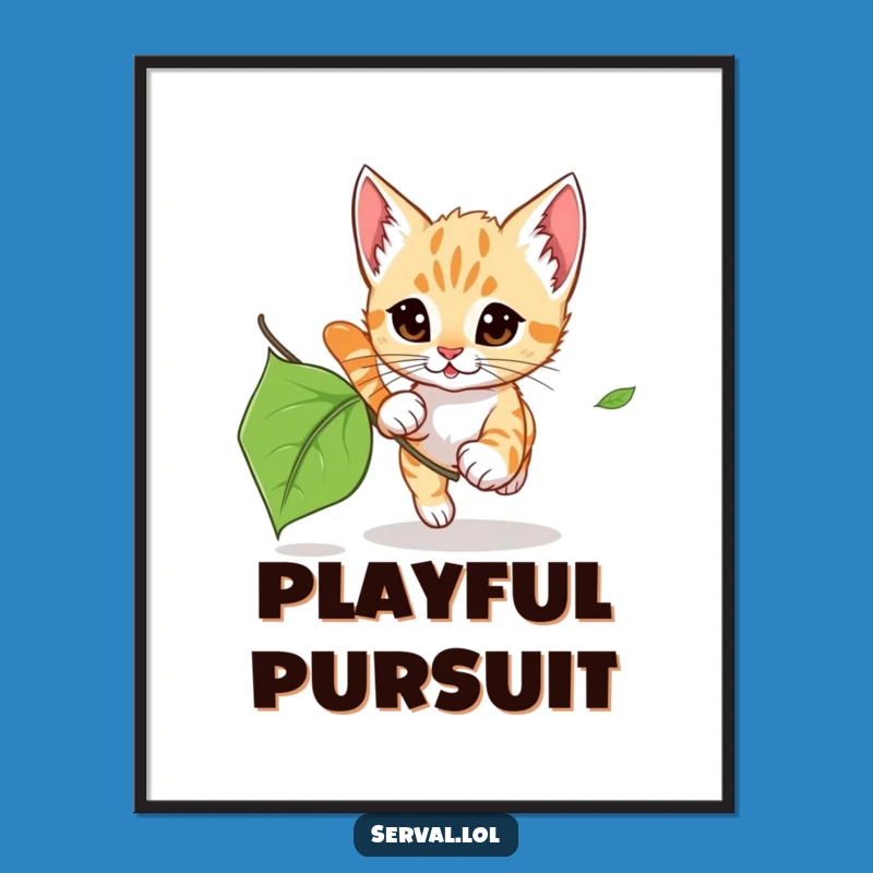 Funny Serval Kitten Leaf Chase Poster: Decorate with Adorable Wild Art