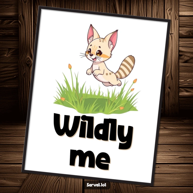 Funny Serval Poster: A cute serval character captured mid-leap in a grassy field, ears perked, full of playful energy.
