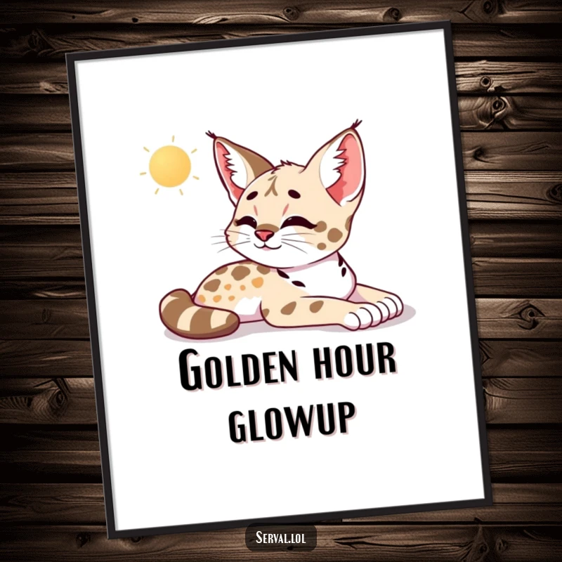 Funny serval poster illustrating a serval languidly stretching in the warm morning sun, breathing a sigh of utter peace and relaxation.