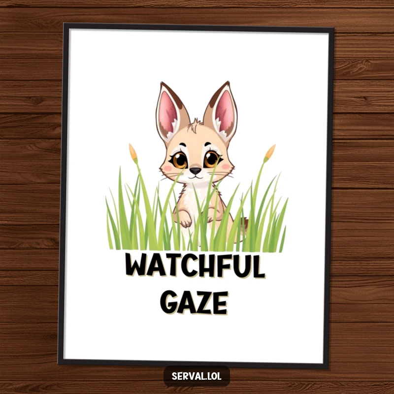 Funny Serval Peek Poster: A serval's curious eyes peer from behind tall grass, creating intriguing and humorous art.