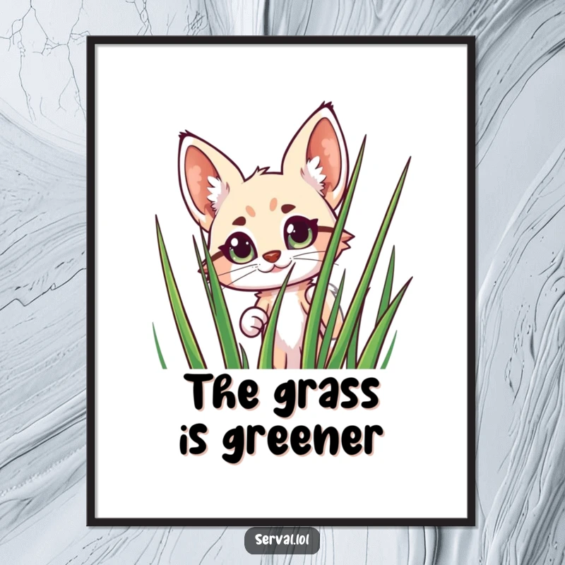 Funny Serval Poster: A cheerful serval with wide eyes peeks out from behind tall grass, bringing a humorous and cute vibe.