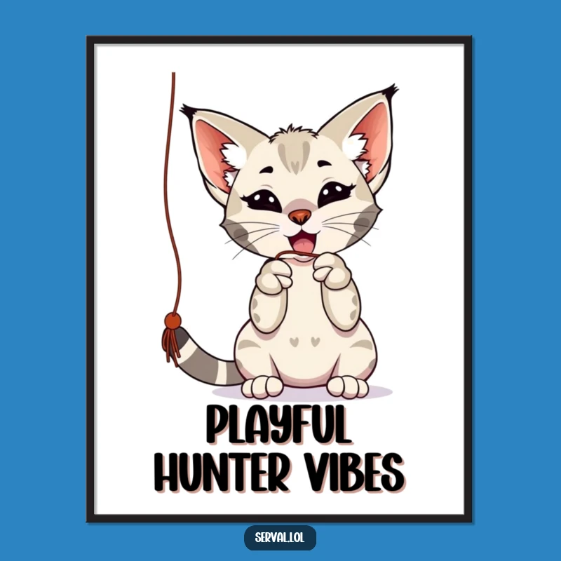 Funny Serval Playtime Poster: Wild Cat Art Captures Hilarious String Antics Decor