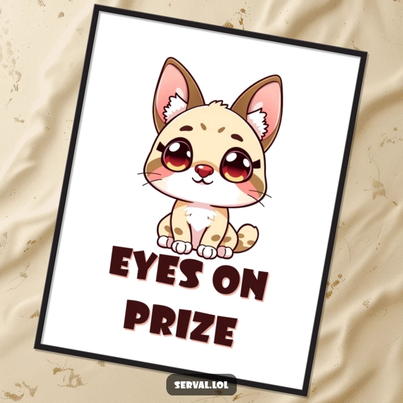 Funny kawaii serval character gazing upwards with large, expressive, curious eyes, displayed on a poster.
