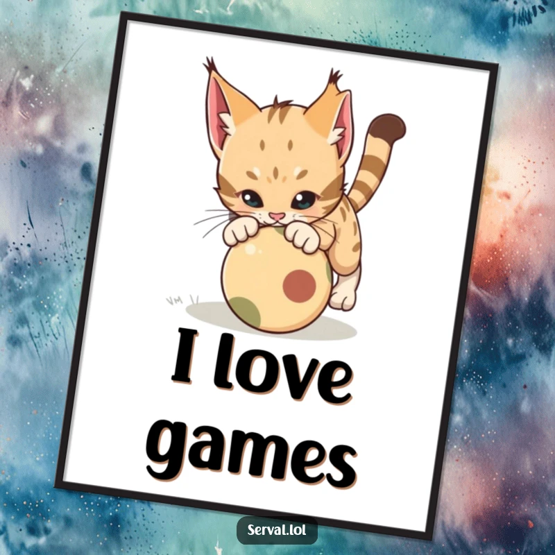 Funny Serval Pounce Poster. Artwork of a serval cat in a thrilling, playful pounce over a rolling ball, capturing energetic humor.