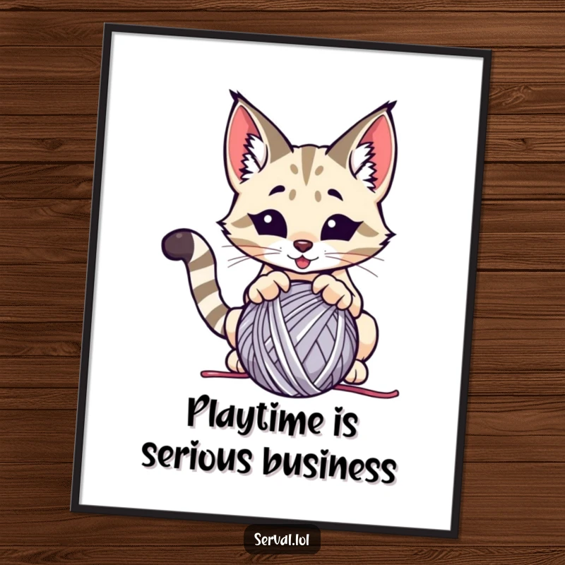 Funny serval poster, a wild cat playfully pouncing on a ball of yarn, capturing dynamic feline energy.