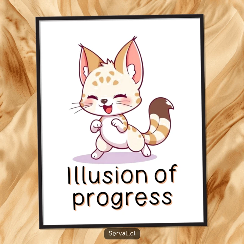 Funny Serval Poster: A playful serval character engaged in a comical chase with its own tail, creating funny decor.