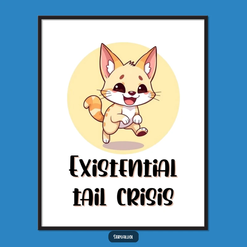 Funny Serval Tail Chase Poster: Vibrant Feline Antics, Perfect Funny Gift for Wall Decor