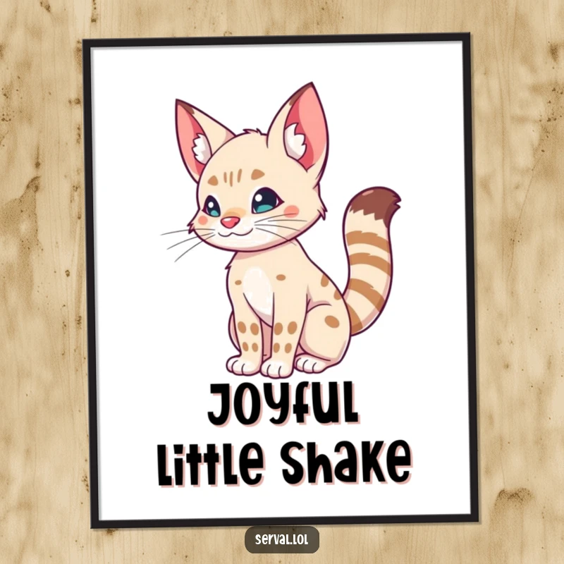 Funny poster of a serval performing a silly tail wiggle, perfect for humorous and playful wall decor.