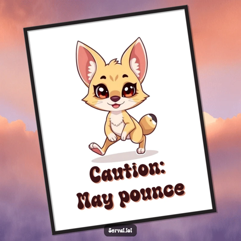 Funny Serval Poster: A serval character captured in a comical, stealthy tiptoe with a wide, joyful grin, perfect wall decor.