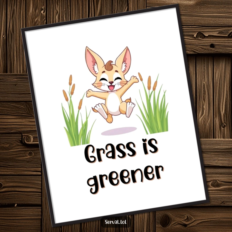 Funny serval character poster, mid-leap, joyfully soaring through tall grass, radiating pure, uninhibited exhilaration and wild delight.