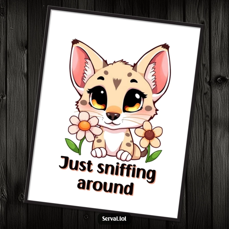 Funny serval poster capturing a curious cat with wide eyes smelling a delicate flower, ideal for wall art.