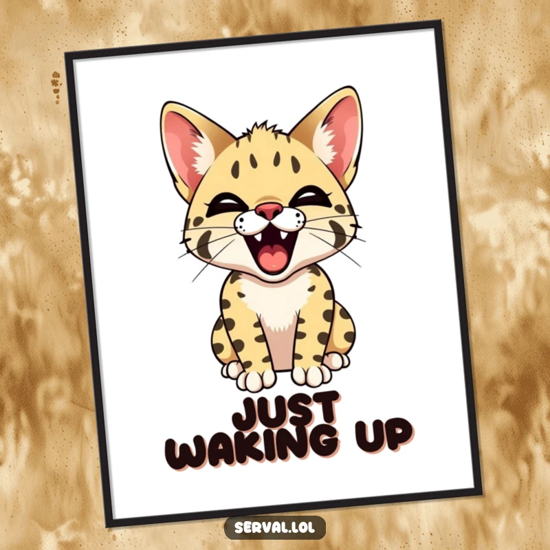 Funny Serval Yawn Poster. A visually striking artwork of a serval cat in a wide yawn, highlighting its tiny teeth for a humorous effect.