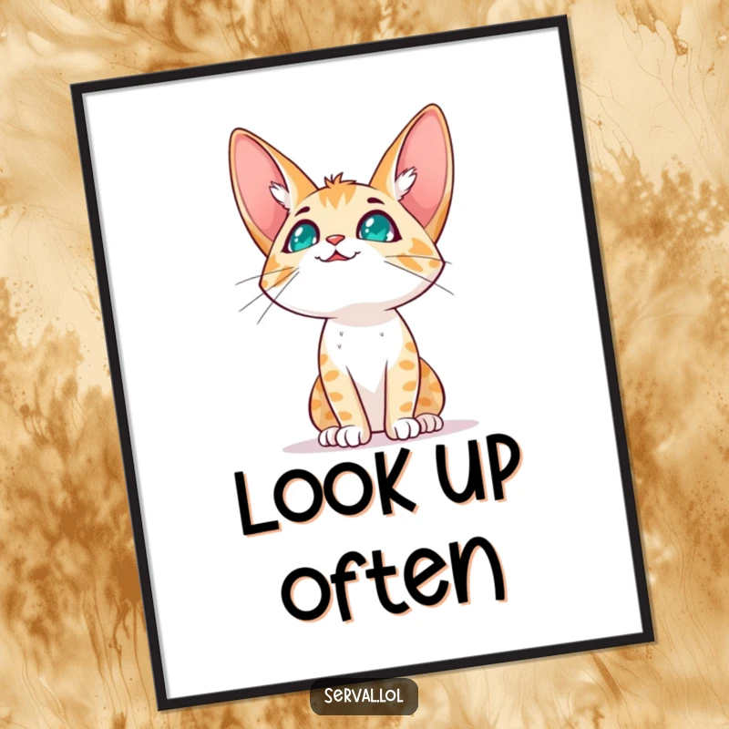 Funny serval cat character poster capturing a serval cat looking up at the sky with an expectant, hopeful expression, evoking dreams.