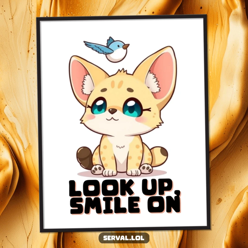 Funny Serval Poster: A small serval looks up with adoring eyes at a hovering bird, capturing a moment of pure fascination.